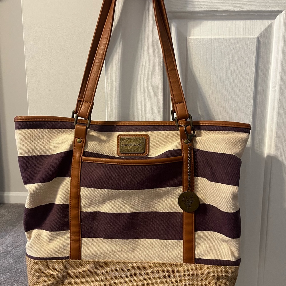 Younique Brown and Cream Tote Bag with Leather Straps